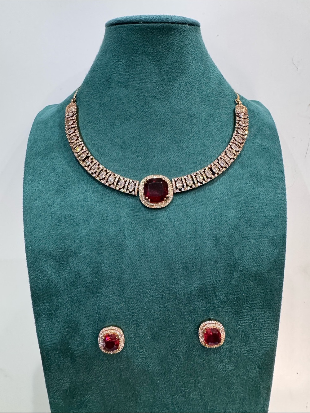 Fashion Jewelry Gold-Tone Necklace and Stud Set with Red Stones